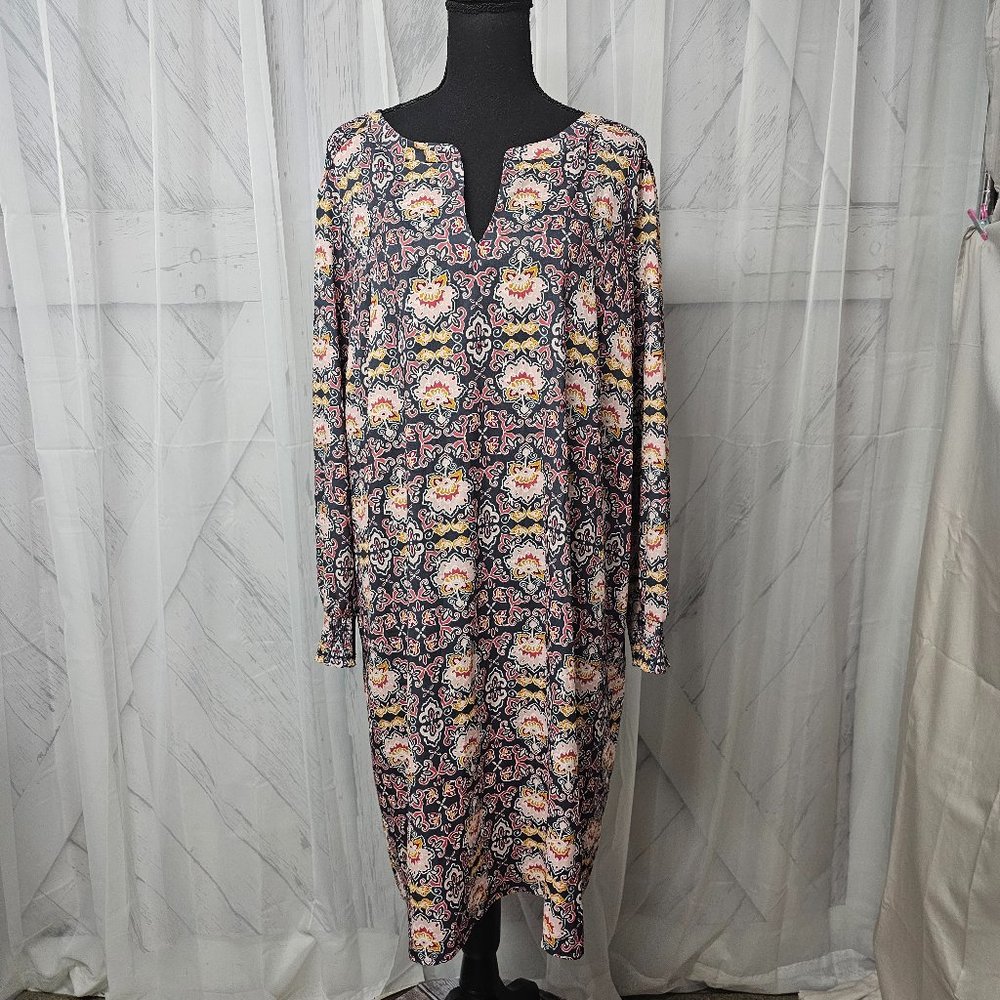 Loft Gray Pink Floral Boho Peasant Shift Midi Dress Size 18